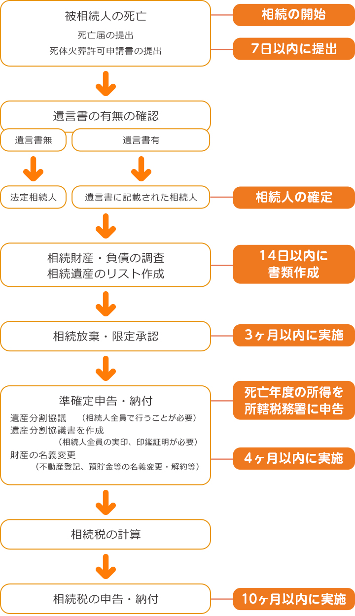 被相続人の死亡ー【相続の開始】、死亡届の提出、死体火葬許可申請書の提出ー【7日以内に提出】→
    遺言書の有無の確認、遺言書無、法定相続人
    遺言書有→遺言書に記載された相続人【相続人の確定】→相続財産・負債の調査
    相続遺産のリスト作成ー【14日以内に書類作成】→
    相続放棄・限定承認ー【3ヶ月以内に実施】→
    準確定申告・納付ー【死亡年度の所得を所轄税務署に申告】、遺産分割協議（相続人全員で行うことが必要）、遺産分割協議書を作成（相続人全員の実印、印鑑証明が必要）、財産の名義変更（不動産登記、預貯金等の名義変更・解約等）ー【4ヶ月以内に実施】→
    相続税の計算→
    相続税の申告・納付ー【10ヶ月以内に実施】